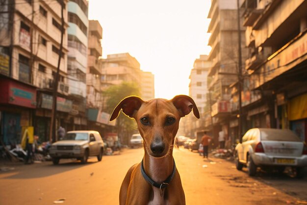 Foto um cão está de pé na rua com o sol a brilhar no rosto