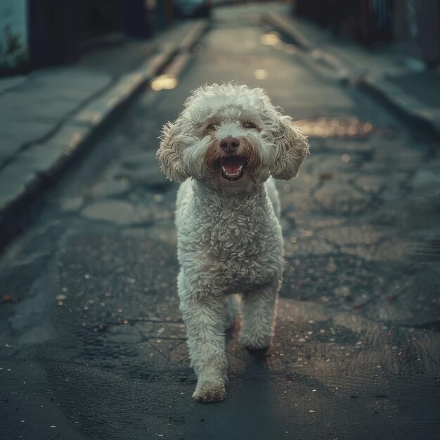 Foto um cão está de pé numa rua com um sinal que diz o nome do cão