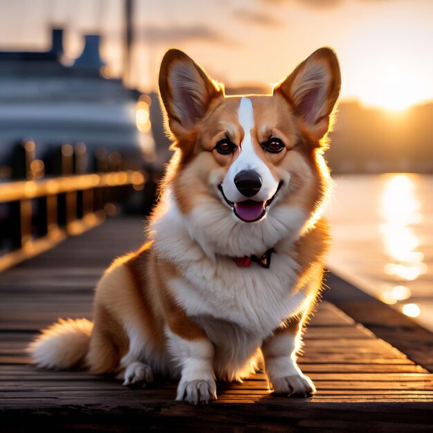 um cão está deitado em um convés com o sol atrás dele