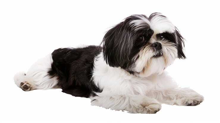Foto um cão está deitado em um fundo branco com um rosto preto e branco
