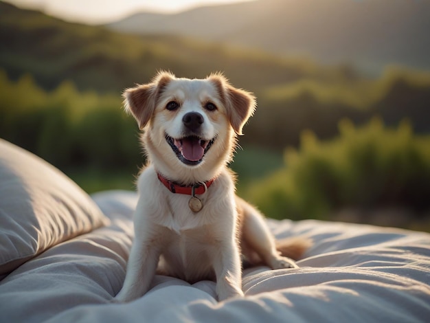 um cão está deitado em uma cama com o sol brilhando sobre ele