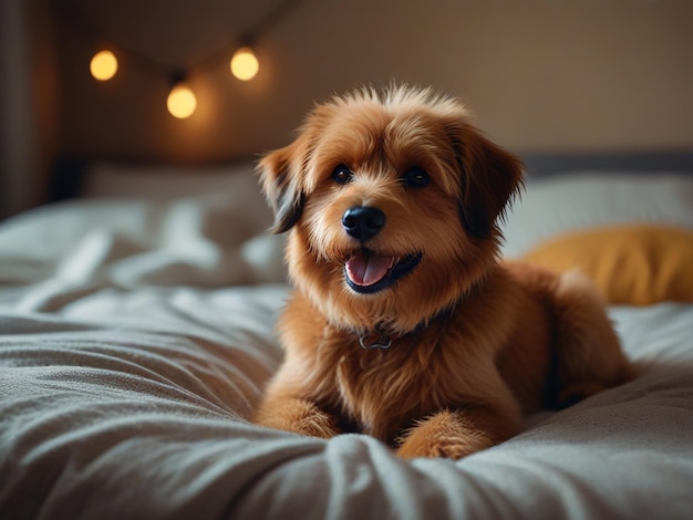 um cão está deitado em uma cama com uma cadeia de luzes atrás dele