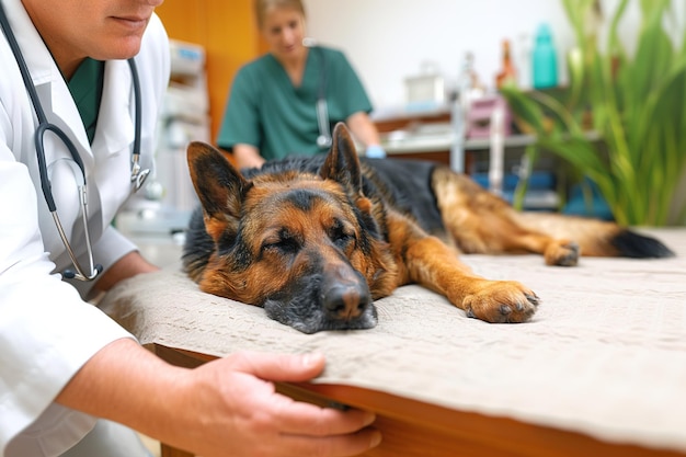 Um cão está deitado em uma mesa em uma clínica veterinária
