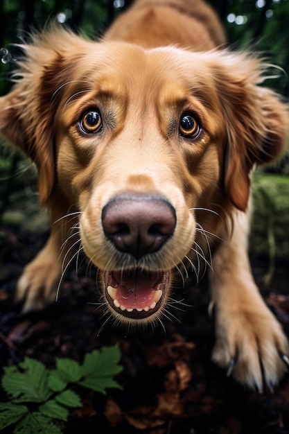 Um cão está deitado na floresta com a língua fora.