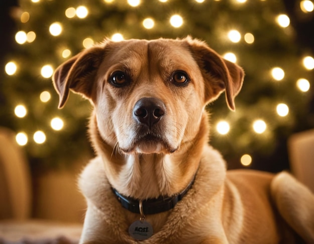um cão está deitado na frente de uma árvore de Natal com luzes atrás dele
