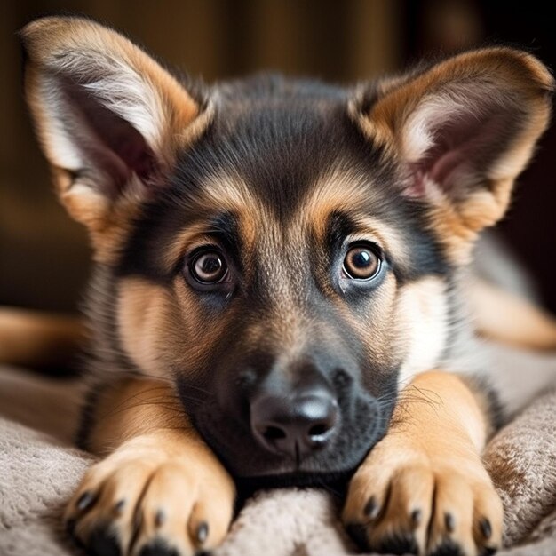 Um cão está deitado num cobertor com os olhos abertos.