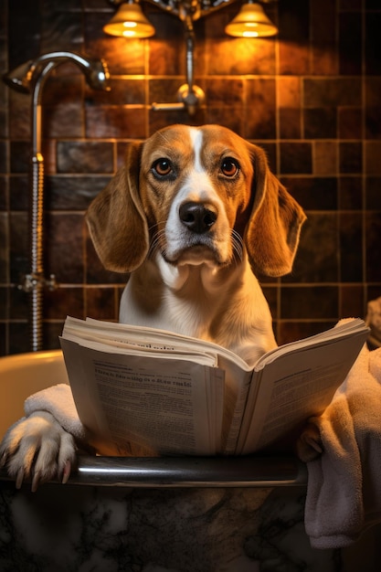 Um cão está lendo o jornal.