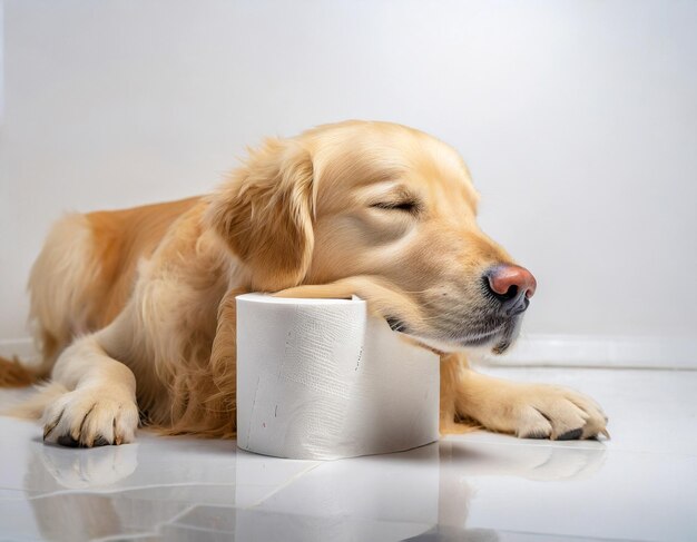 Foto um cão está mastigando um rolo de papel higiênico