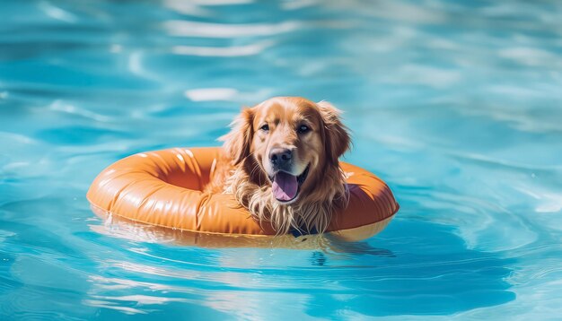 Um cão está numa piscina com um flutuador amarelo