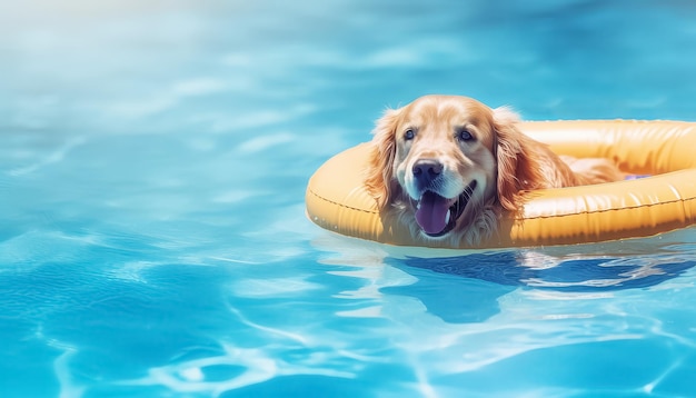 Um cão está numa piscina com um flutuador amarelo