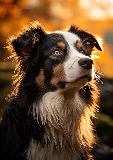 Foto um cão está olhando para a câmera com o sol atrás dele