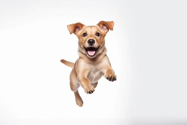 um cão está pulando no ar com a língua para fora