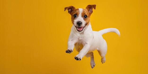 um cão está pulando no ar com um fundo amarelo