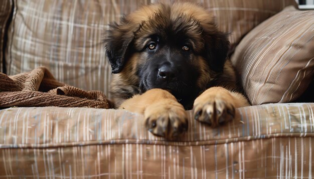 Foto um cão está sentado em um sofá com a pata no sofá