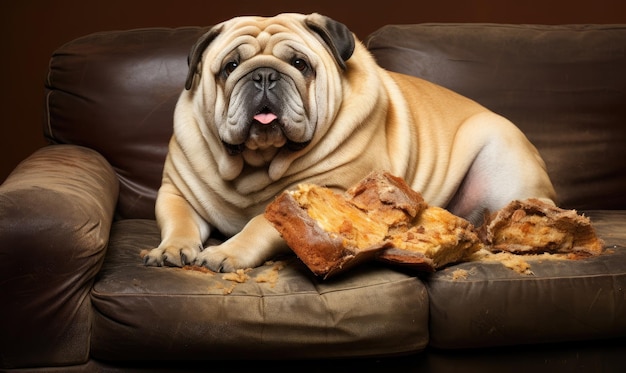 Um cão está sentado em um sofá com um pedaço de pão