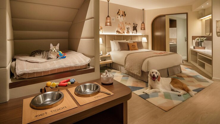 Foto um cão está sentado em um tapete em uma sala com uma cama e uma mesa com duas tigelas e uma tigela de comida