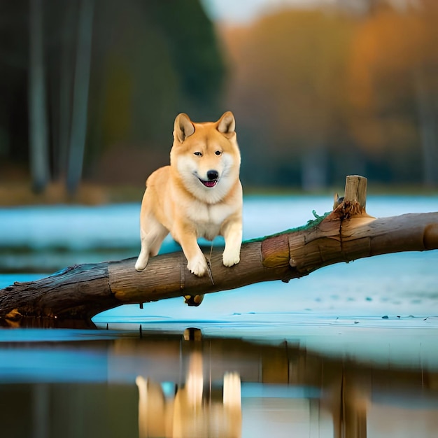 Foto um cão está sentado em um tronco na água.