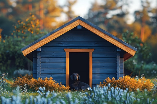 Foto um cão está sentado em uma casa de madeira para cães