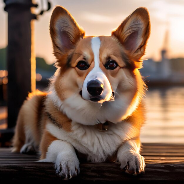 um cão está sentado em uma doca com o sol a pôr-se atrás dele