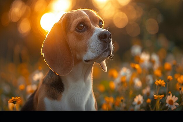 um cão está sentado na grama com flores ao fundo