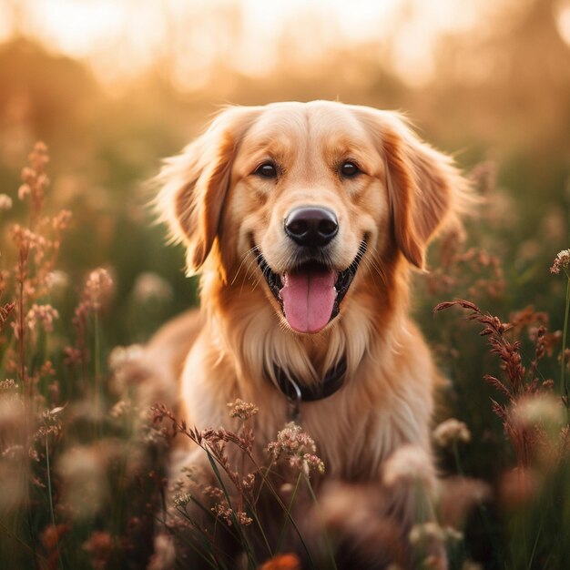 um cão está sentado na grama com o sol atrás dele