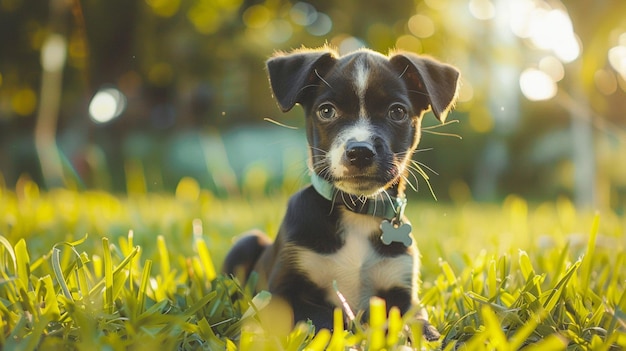 um cão está sentado na grama com o sol atrás dele