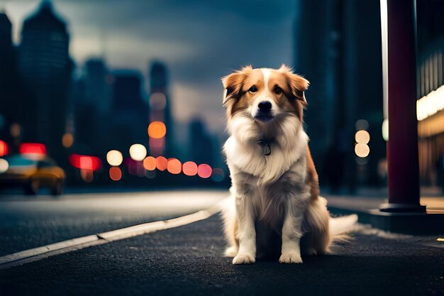 Um cão está sentado na rua da cidade.