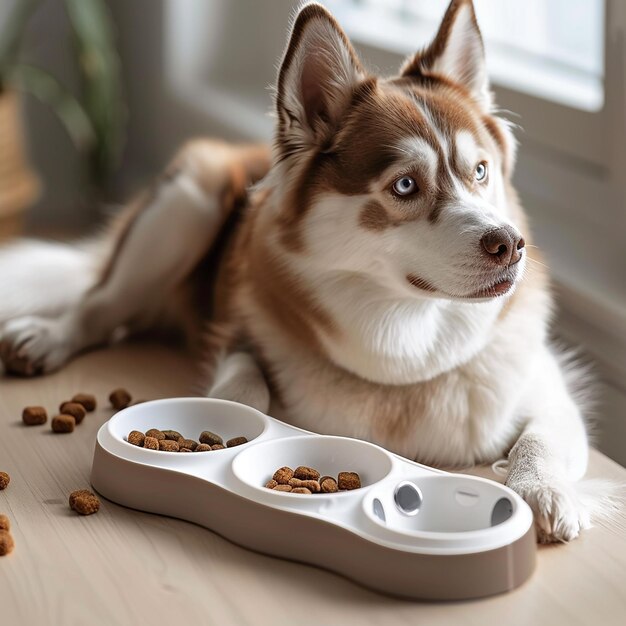 um cão está sentado no chão com sua comida