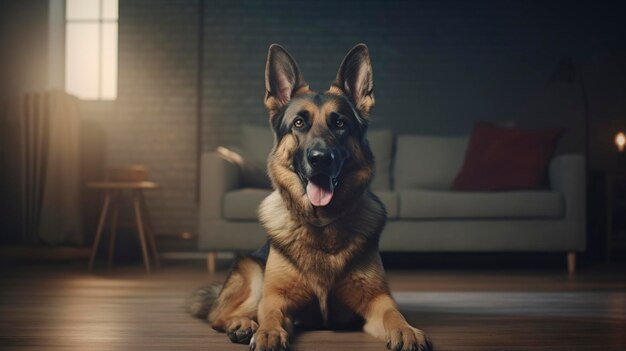 Um cão está sentado no chão e está sorrindo.