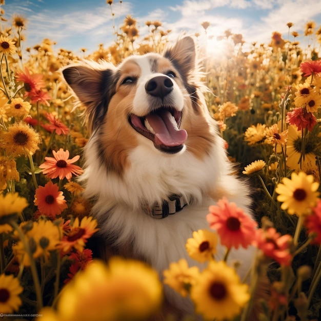 Um cão feliz a tomar o sol num campo de flores