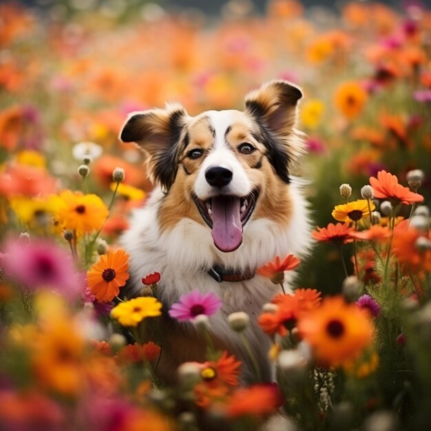 Um cão feliz a tomar o sol num campo de flores