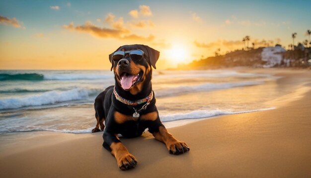 Um cão feliz com óculos de sol sob a praia afundada da Califórnia