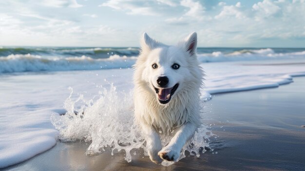 Um cão feliz corre ao longo da praia de areia do oceano e salpica com água tempo de férias descansar e relaxar