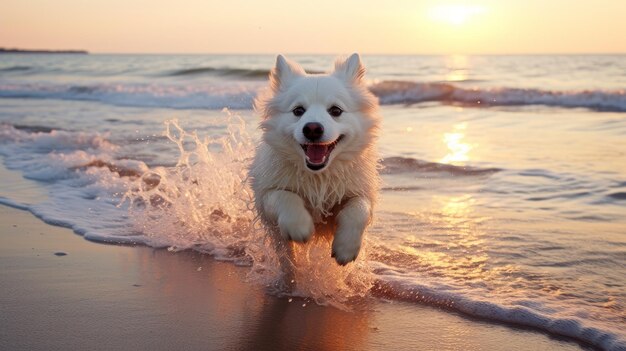 Um cão feliz corre ao longo da praia de areia do oceano e salpica com água tempo de férias descansar e relaxar