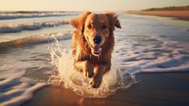 Um cão feliz corre ao longo da praia de areia do oceano e salpica com água tempo de férias descansar e relaxar