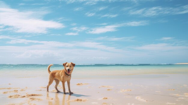 Um cão feliz corre ao longo da praia de areia do oceano e salpica com água tempo de férias descanso e relaxamento