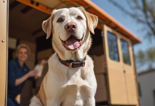 Um cão feliz cumprimenta da porta de uma van, personificando a aventura e a companhia nas viagens