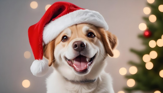 Um cão feliz vestindo um chapéu vermelho de Papai Noel olhando diretamente para a câmera com alegria