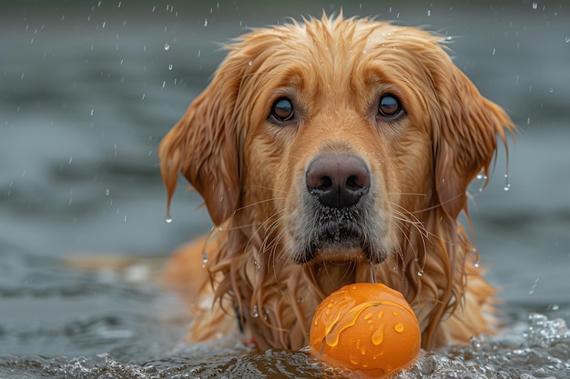 Um cão flutua na água com uma bola