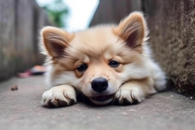 Foto um cão fofo deitado no chão com a cabeça no chão.