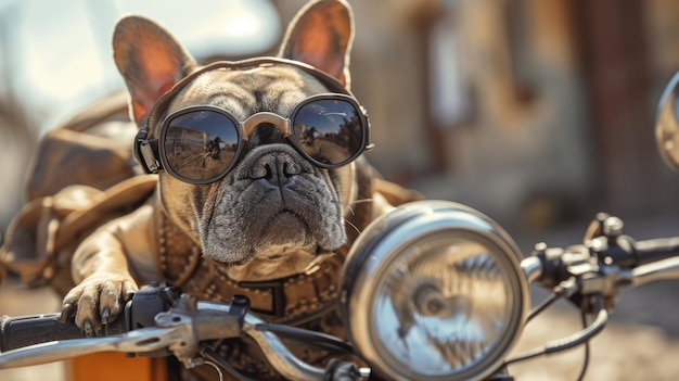 Um cão fresco veste óculos elegantes enquanto se senta com confiança em uma motocicleta abraçando seu intrépido interior