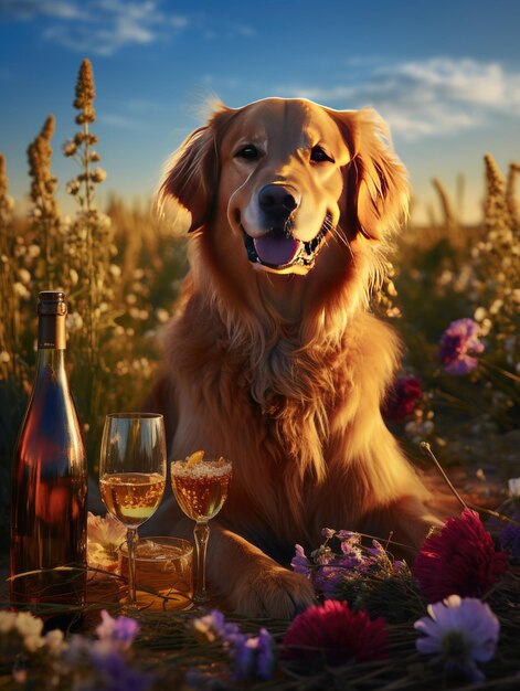 Um cão golden retriever em um campo exterior com uma garrafa de vinho e copos Generative Ai
