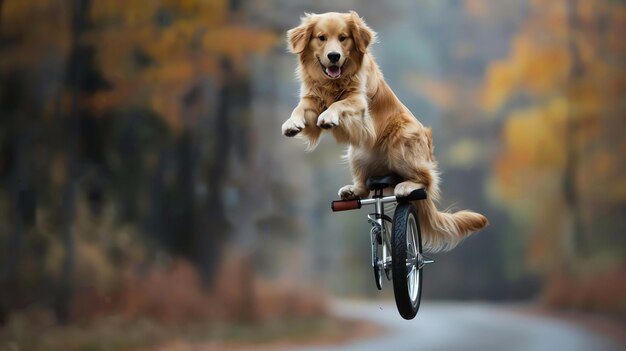 Foto um cão golden retriever está montando um monociclo por uma estrada o cão está usando um capacete e tem uma expressão feliz em seu rosto