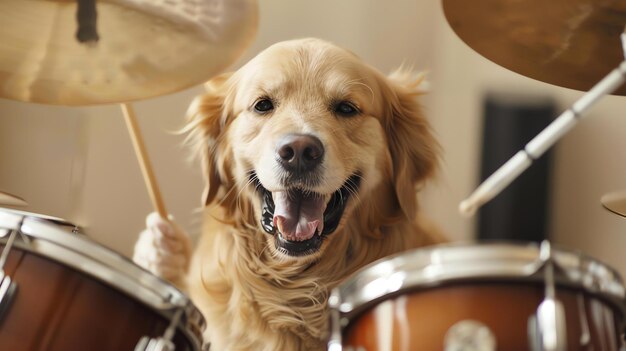 Foto um cão golden retriever está sentado atrás de um kit de bateria segurando pauzinhos em suas patas