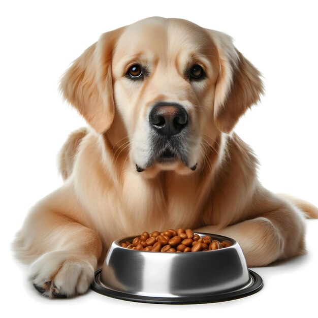 Foto um cão golden retriever senta-se ao lado de uma tigela de comida para cães