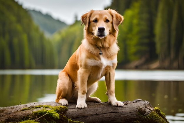 Um cão golden retriever senta-se em um tronco na frente de um lago.