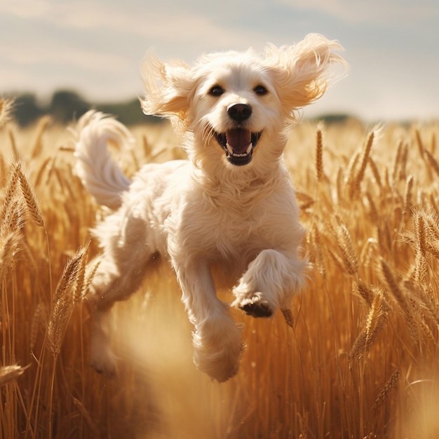 Um cão gracioso pulando por um campo