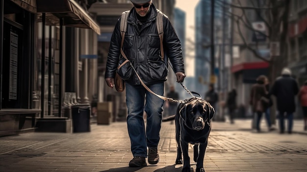 Um cão guia cego ajudando um cego a caminhar na rua na cidade cão guia generativo Ai