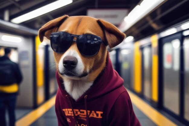 Foto um cão hipster antropomórfico a levar o metro para casa.