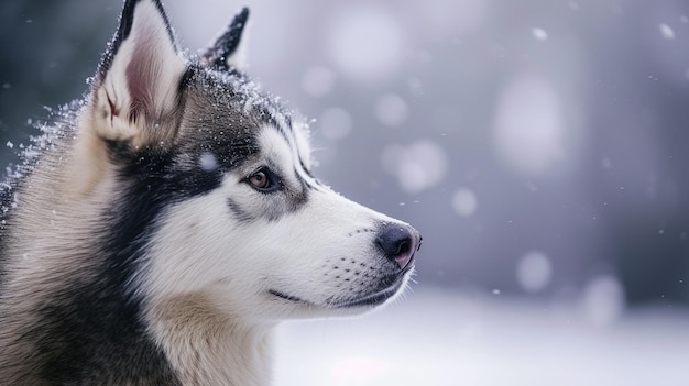 um cão husky está de pé na neve com neve nas orelhas